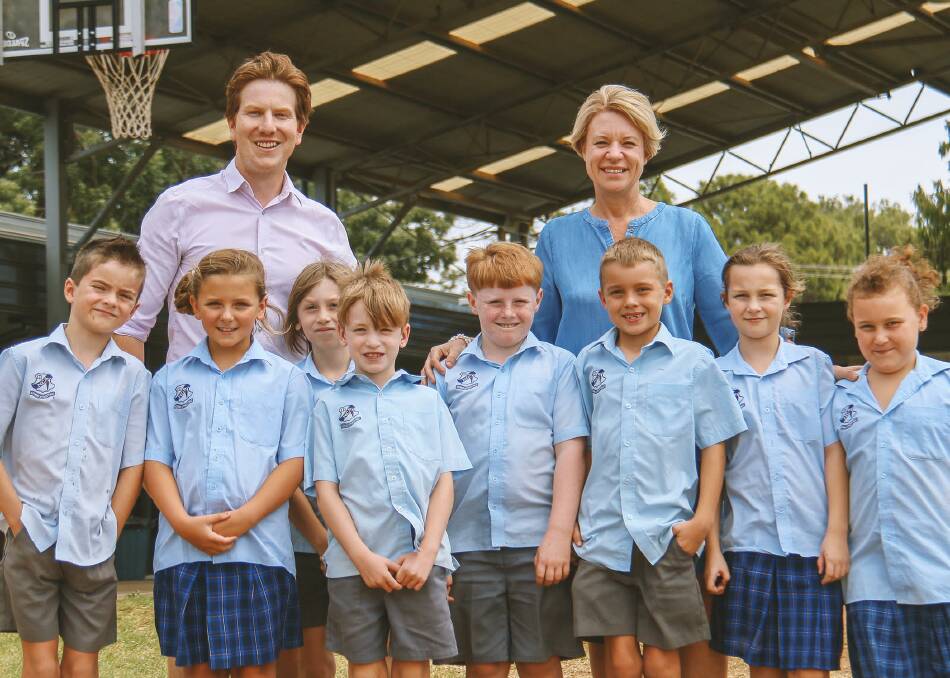 Mr Anthony Smith, principal Mrs Debbie Robertson with Riley Roche, Brydee Reid, Kahless Rosa, Cooper Roberts, Jack Brewer, Lachlan Walsh, Claire Chapman and Tara MacGregor. Photo: CONTRIBUTED
