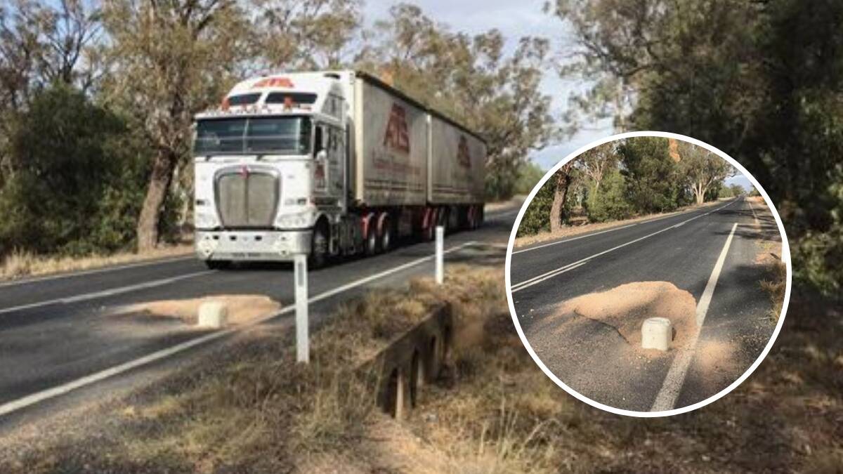 A photo of the pothole near Mr Kilby's property on the Narromine-Eumungerie road caused by heavy traffic. Photo: CONTRIBUTED