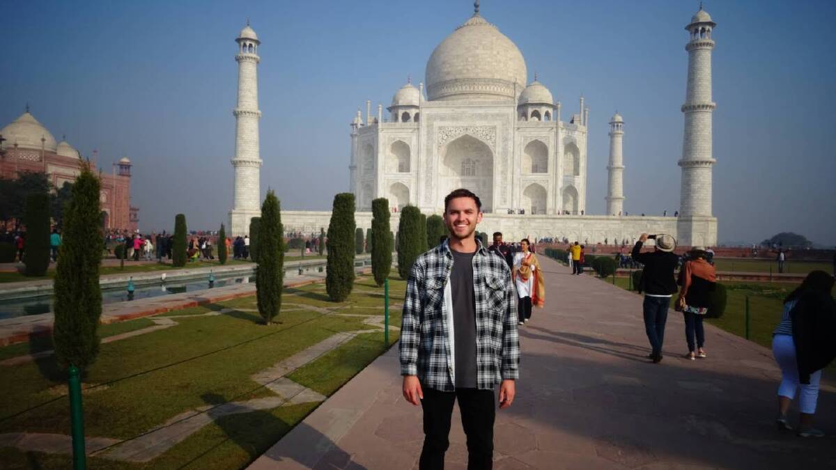 Harrison Costello at the Taj Mahal in India. This picture was taken on his replacement phone after his was pickpocketed in New Delhi. Picture supplied