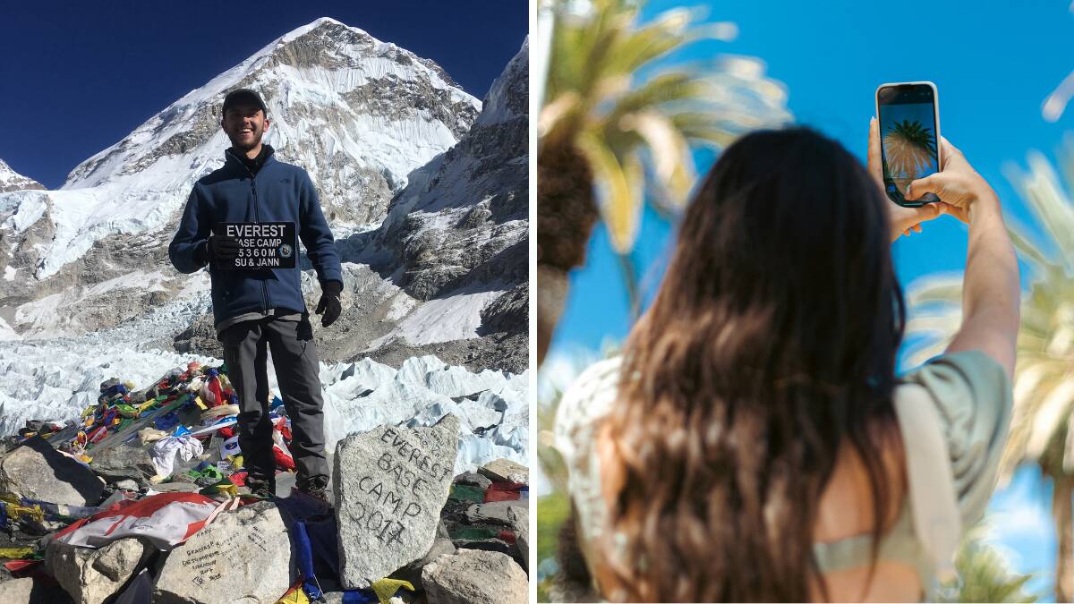Harrison Costello (left) - who always gets travel insurance - at Mount Everest base camp, and (right) a woman takes a selfie. Pictures supplied and by Unsplash