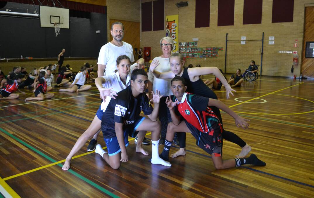 Let's dance: Sidney Saltner, Bangarra with Catherine Gilholme, Department of Education's Arts Unit with Meegan Seymor, Trangie Central and Dubbo College students Kyle Rose, Kyle Daley and Holly Faulds. Photo: Taylor Jurd. 