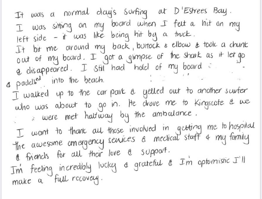 The KI surfer released a hand-written note to the media on Monday, describing the attack and thanking those that helped. 