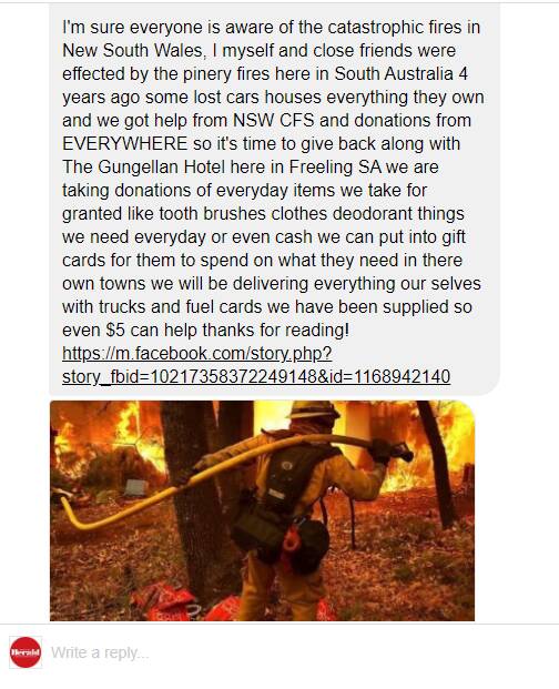 Freeling resident Matt Timmins' social media message to the community urging for support for interstate people affected by the ongoing fires.