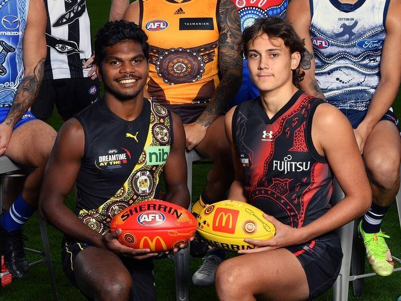 Maurice Rioli Jr (L) and Tex Wanganeen have launched the AFL's Sir Doug Nicholls Indigenous Round.