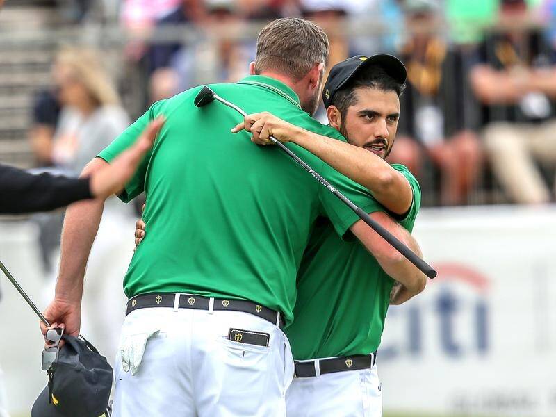 Abraham Ancer (r) and Marc Leishman enjoyed a foursomes win over USA at the Presidents Cup.