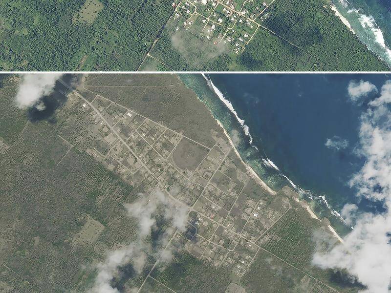 Satellite images taken after a volcanic eruption and tsunami (bottom) show signs of impact in Tonga.