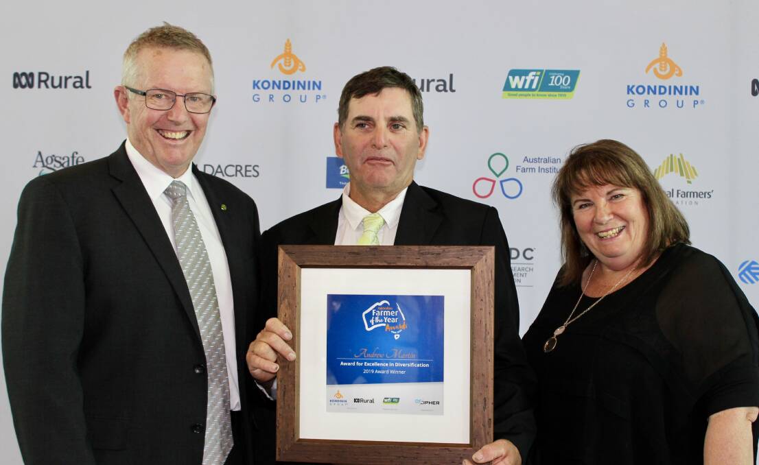 EXCELLENCE IN DIVERSIFICATION: Member for Parkes Mark Coulton with award-winning farmer Andrew Martin and his wife Kerrie. Photo: CONTRIBUTED